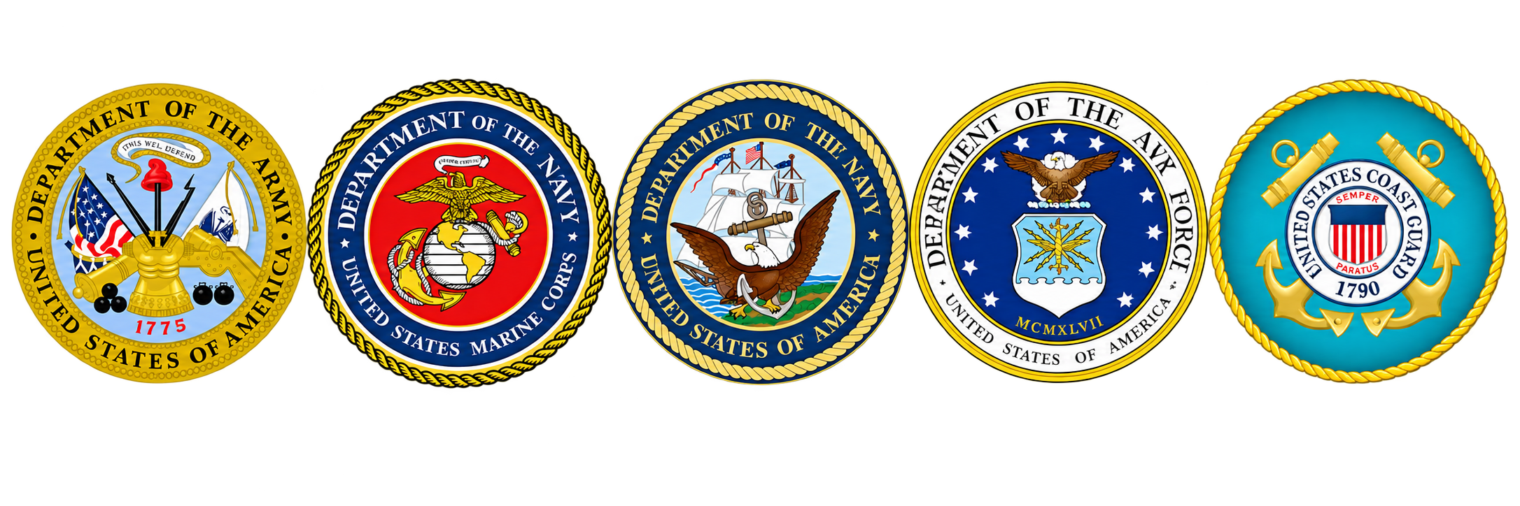 United States Army, Marine Corps, Navy, Air Force, and Coast Guard seals